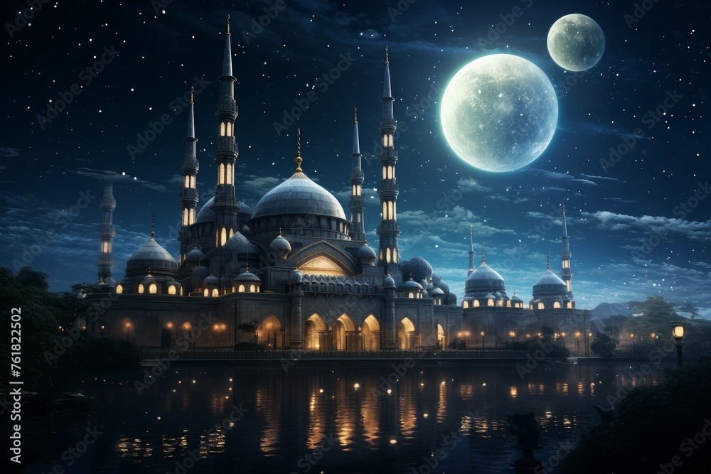 Fototapeta premium Radiant Mosque evening sky moon. Light ramadan. Generate Ai