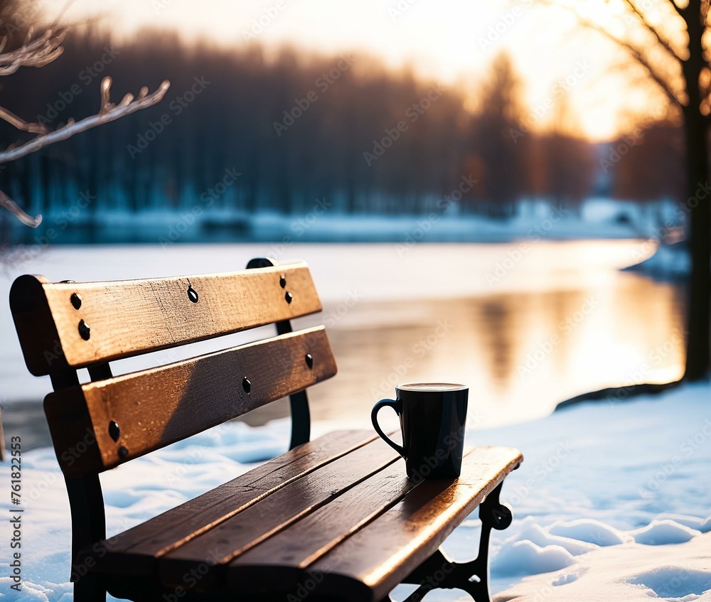 Antique retro bench in a winter park and a glass of hot coffee on it by the lake. Generative AI - obrazy, fototapety, plakaty 