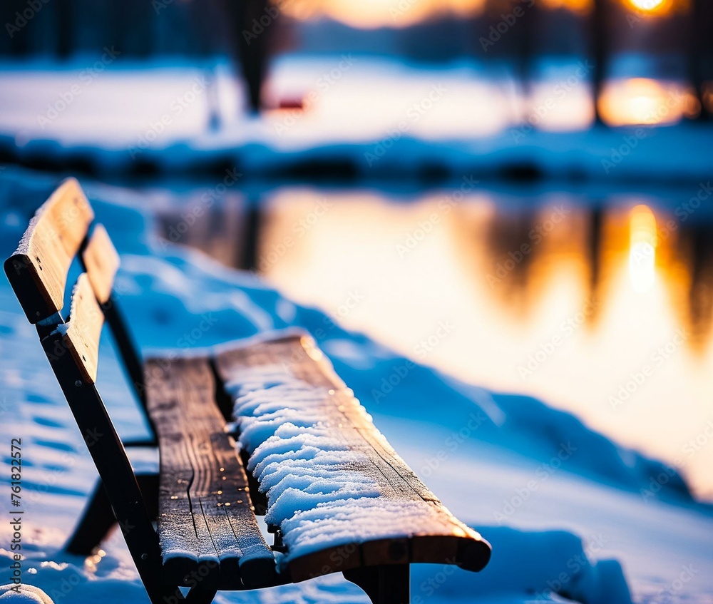 Antique retro bench in a winter park by the lake. Generative AI - obrazy, fototapety, plakaty 
