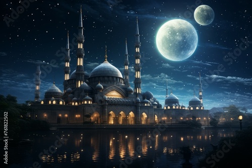 Radiant Mosque evening sky moon. Light ramadan. Generate Ai