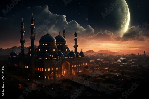 Luminous Mosque evening sky twilight. Moon light. Generate Ai