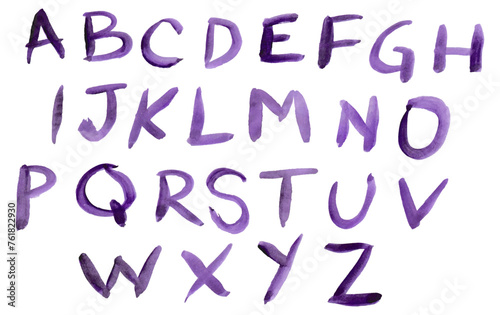 Complete alphabet, hand-drawn with a brush. Rustic freehand typography, isolated on a white background. Brush texture, drawn with purple paint, Letters in vector. Complete font types.