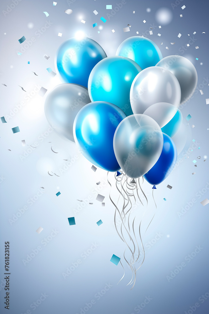 Blue and white balloons, serpentine and confetti. Festive background with copyspace for your design. Happy Birthday concept. Blue and white balloons, serpentine and confetti. Festive background with copyspace for your design. Happy Birthday concept.