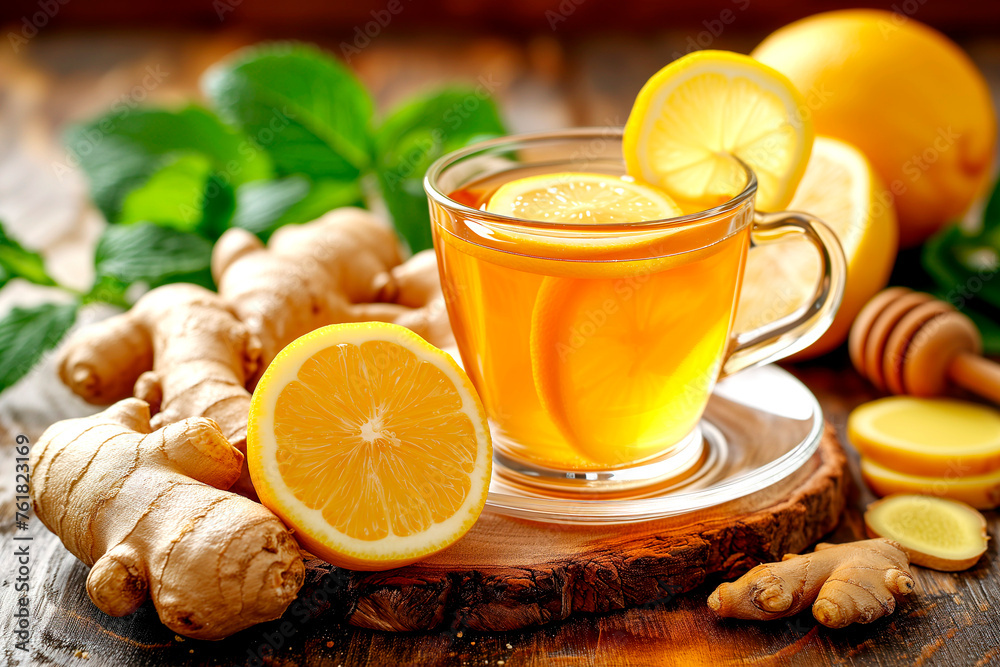Glass cup of hot ginger tea with lemon, honey and mint on dark rustic table. natural homemade remedy for cold and flu. Glass cup of hot ginger tea with lemon, honey and mint on dark rustic table. natural homemade remedy for cold and flu.