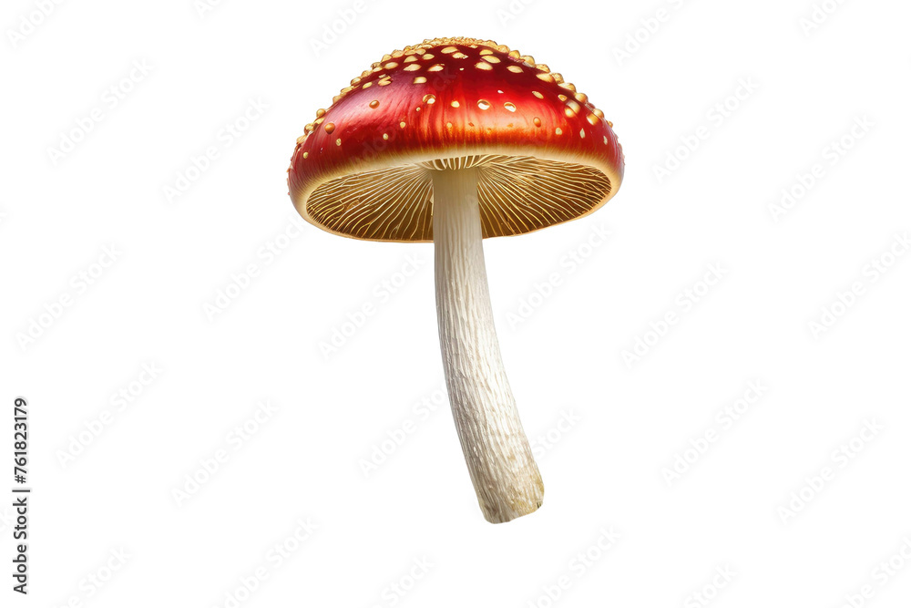 Fly mushroom, isolated, pristine white background, emphasizes texture, vibrant red cap tinged with gold, stem curving slightly, high-quality stock photo, UHD drawing, ultra-clear