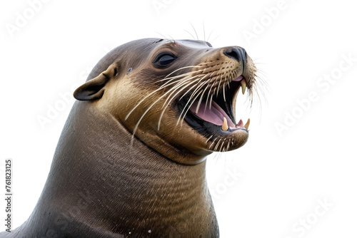 High quality stock photo, sea lion, exuding happiness, broad smile, isolated against a stark white background, capturing the gleam in its eyes, ultra clear, high definition, natural light