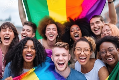 diverse group of happy young people celebrating gay pride day. LGBTQ photo