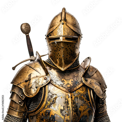 Close-up Portrait of a Medieval Knight Wearing Golden Armor, Half Body Photo, Isolated on Transparent Background, PNG