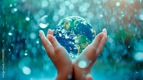 Pair of hands holding a transparent globe with streams of water. World Water Day.