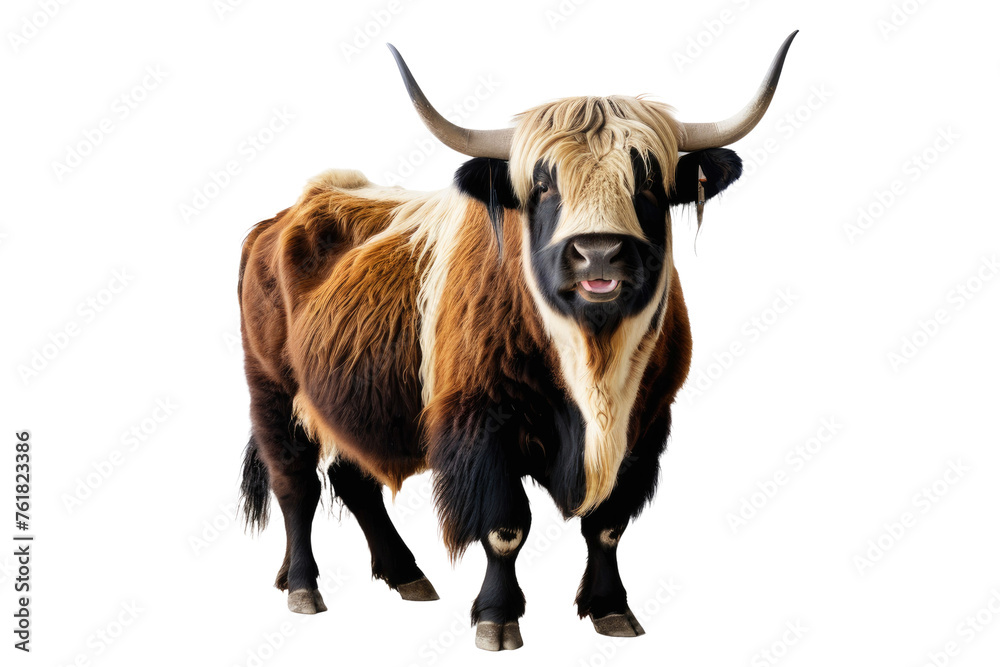 Full body portrait of a jovial yak, isolated against a stark white backdrop, captured in high-quality stock photography, real, naturalistic, defined contours, perfectly centered, sharp contrast Full body portrait of a jovial yak, isolated against a stark white backdrop, captured in high-quality stock photography, real, naturalistic, defined contours, perfectly centered, sharp contrast