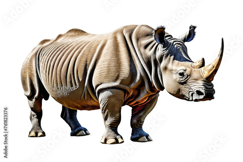 Smiling rhinoceros  full body  isolated on white background  exuding happiness  close-up shot  captivating the intricate details of its skin texture and joyful expression  ultra clear  high resolution