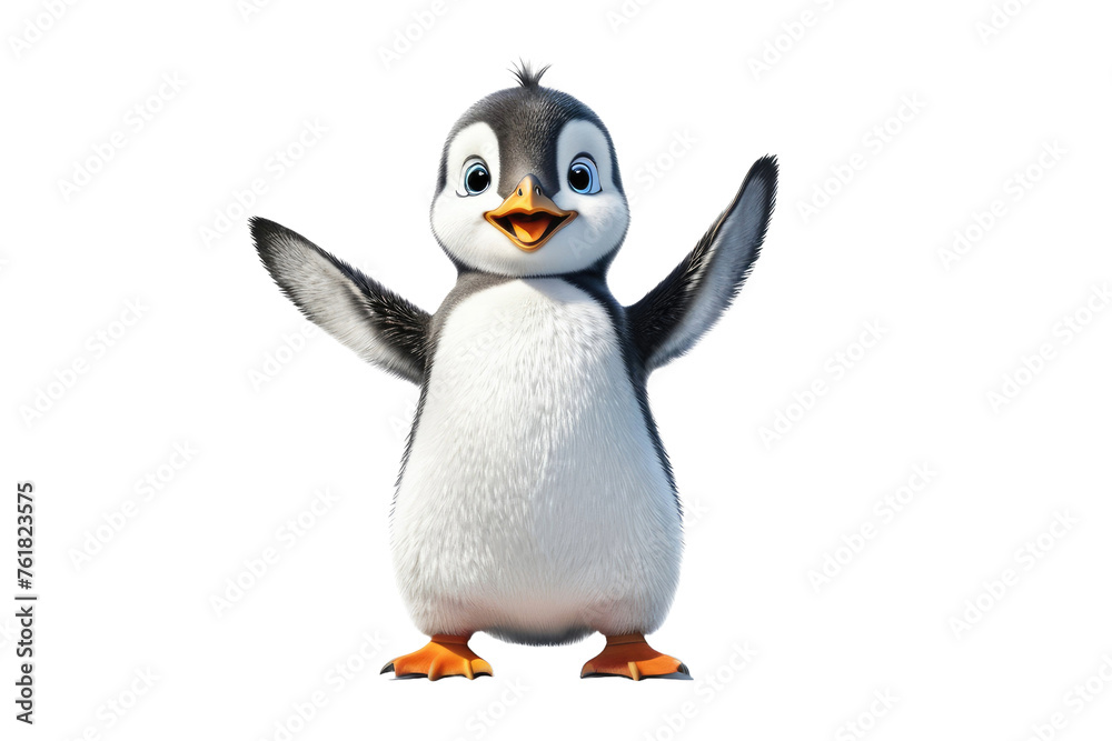 Fototapeta premium Single happy penguin waving, full body, isolated, white background, stock photography, high quality, smiling expression, positioned center frame, sharp focus, soft shadow beneath, ultra clear