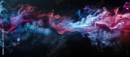 A mesmerizing violet cloud of colorful smoke emerges from a bottle against a black background, resembling a beautiful astronomical object in the sky. A captivating art and entertainment display