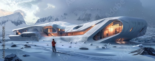 A futuristic conception of an Antarctic research facility against a backdrop of ice and mountains © amazingfotommm