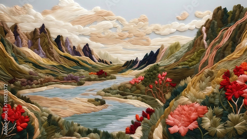 Embroidery features picturesque landscape of rolling hills,  serene river flowing gracefully amidst lush greenery, with majestic mountains in backdrop photo