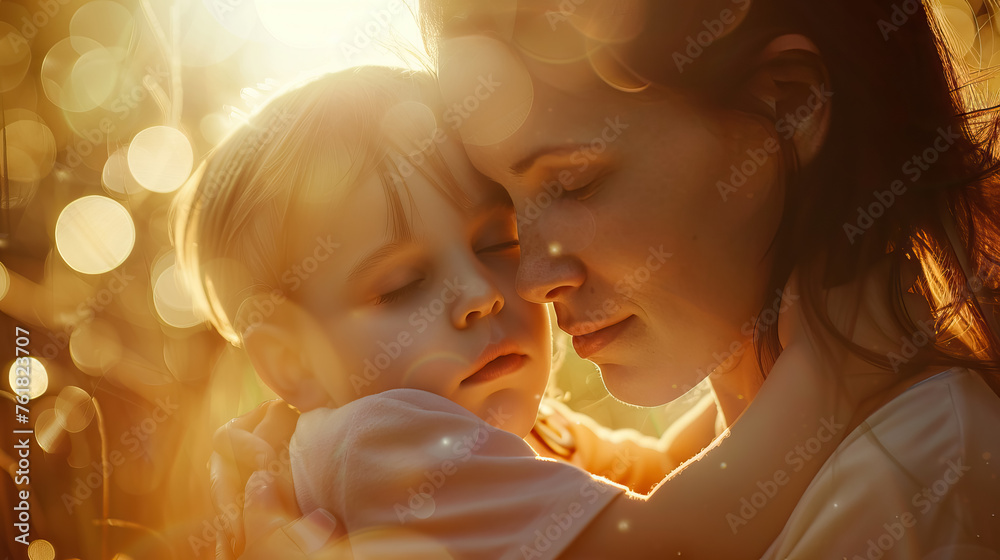hug between mothers and daughter with bokeh background, motherhood concept. - obrazy, fototapety, plakaty 