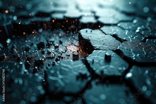 Detailed view of rain drops scattered on the ground in a dark hexagonal pattern.