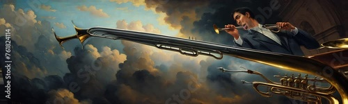 a man playing the trompet in the sky with clouds a painting of a man playing a trumpet, in the style of masterpiece, cinematic photo