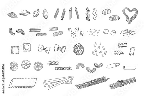 Large set of pasta of different shapes in doodle style. Italian Cuisine. Pasta time. Pasta lover. Hand drawn. Great for menu design, banners, websites, packaging. Vector illustration EPS10