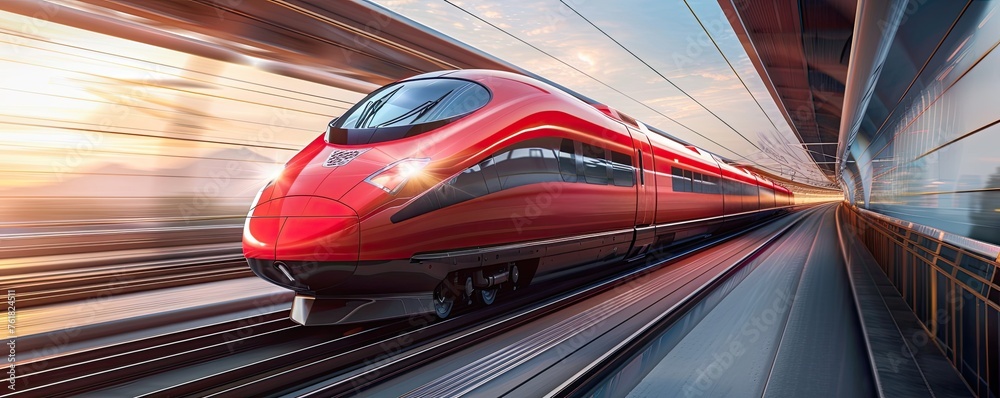 Fototapeta premium A hyper-realistic digital illustration of a futuristic high-speed train with motion blur effect, conveying speed and technology