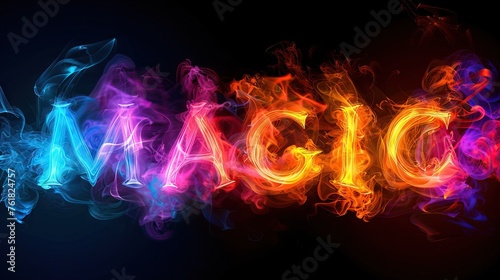Mystical Neon Smoke Spell Crafting the Word MAGIC in Vibrant Abstract Colors Against a Dark Background
