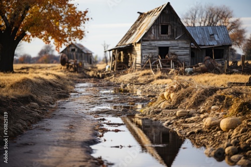 Two old houses by a muddy stream in a natural landscape