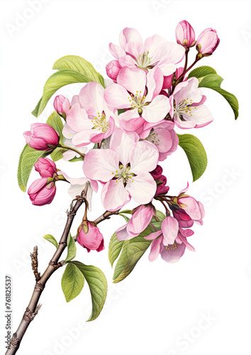 Vintage botanical illustration featuring a branch of cherry blossoms in bloom, exuding elegance and springtime beauty photo