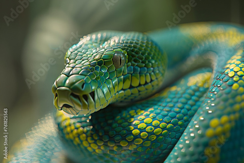 Close-up of a green pit viper (Reticulated python) 
