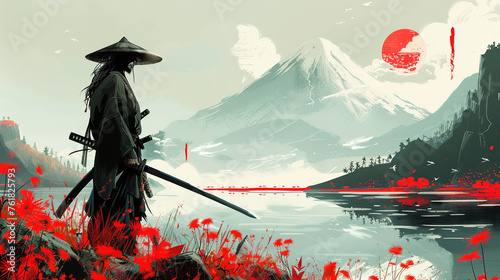 Illustration of a samurai with a sword on the background of the volcano
