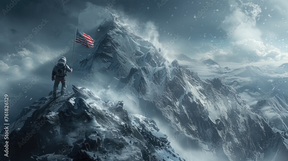A man stands atop a mountain, proudly holding an American flag aloft.