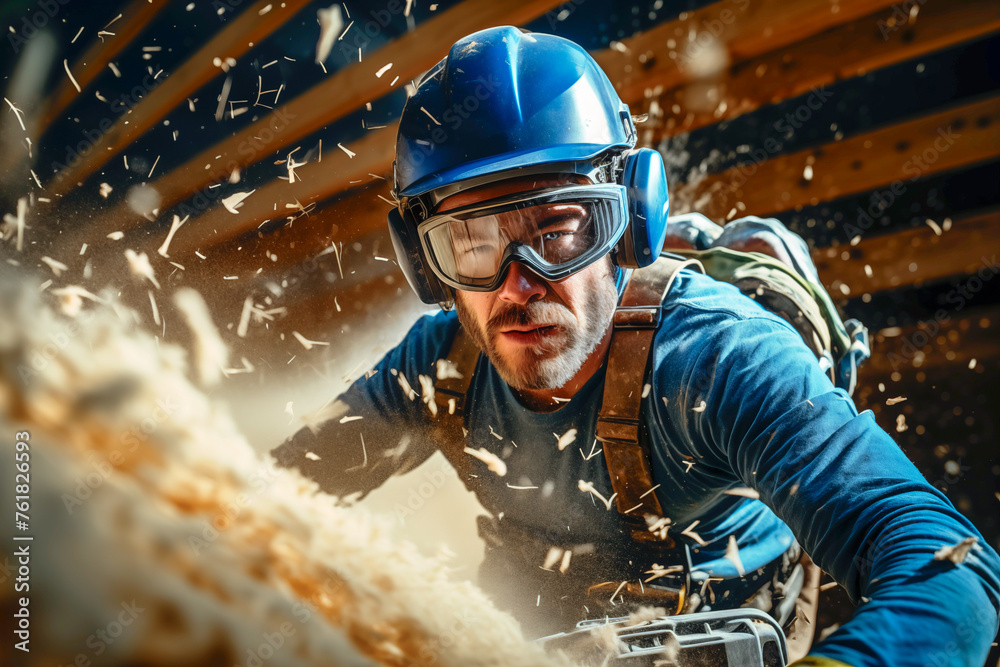 Fototapeta premium A man wearing a blue shirt and goggles is cutting wood with a saw