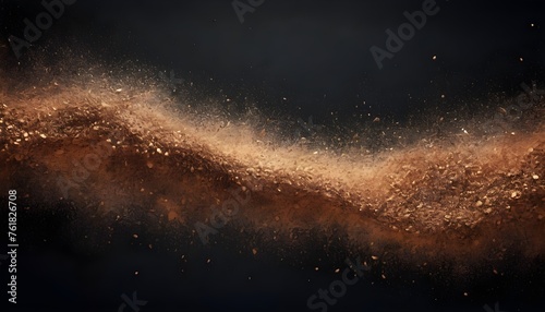 Copper dust scrubs and waves on black polished background with reflections, abstract wallpaper