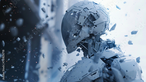  humanoid robot with white helmet and broken glass 