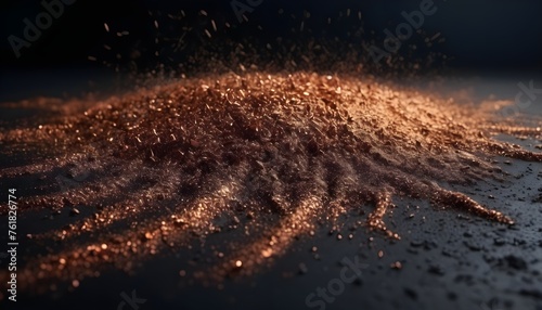 Copper dust scrubs and waves on black polished background with reflections, abstract wallpaper