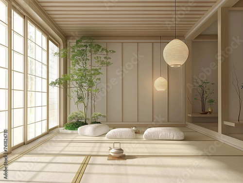 A serene Japanese tea room with traditional tatami mats and minimalist decor. Relaxing atmosphere.