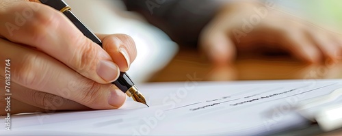 man's hand holding a black pen while signing a document, depicting finalizing a deal or agreement © amazingfotommm