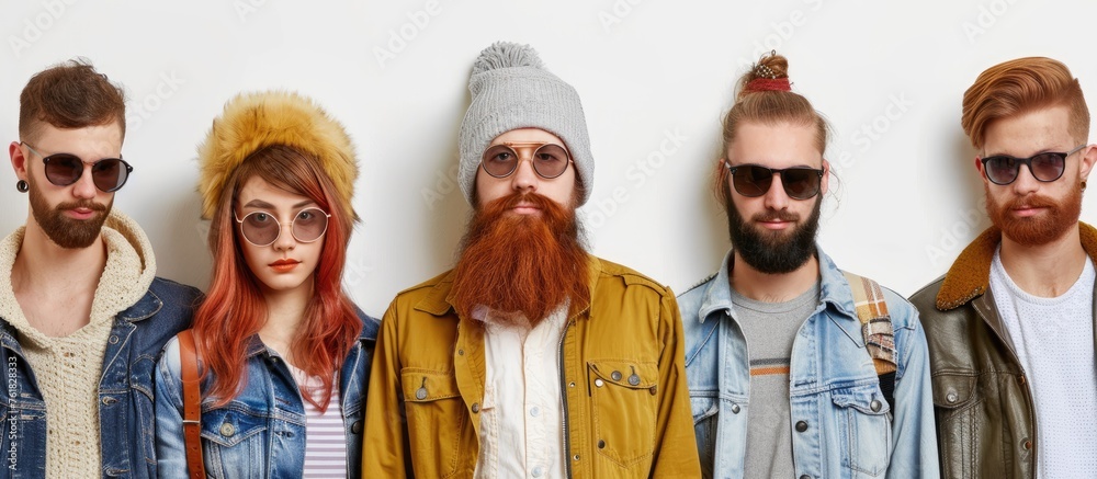 Fototapeta premium A group of stylish young individuals wearing sunglasses and hats stand together, their hair blowing in the wind. Their eyewear adds an artistic touch to their overall look