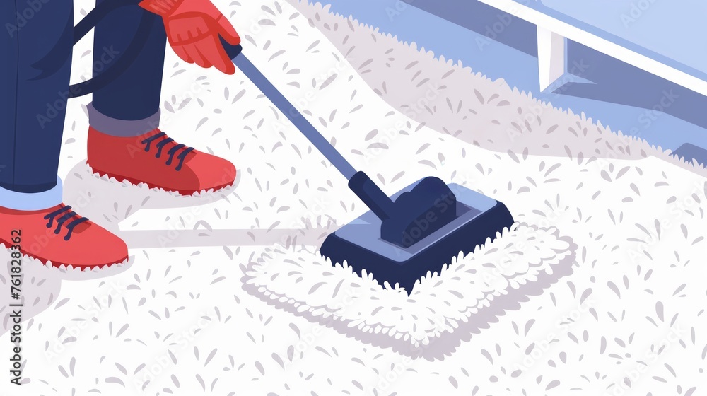 Digital illustration of a person vacuuming a white carpet with a vacuum cleaner. Vacuuming the rug. Concept of home cleaning, minimalistic style, interior upkeep, modern appliance and daily chores. - obrazy, fototapety, plakaty 