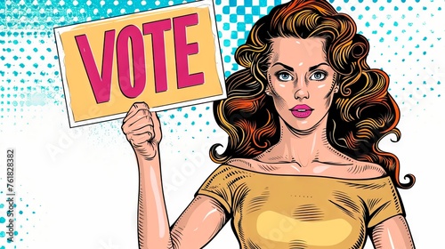 Pop art illustration of Caucasian woman holding VOTE sign. Female voter. Concept of elections, voting, politics, personal empowerment, citizen rights, political advocacy. Isolated on white background