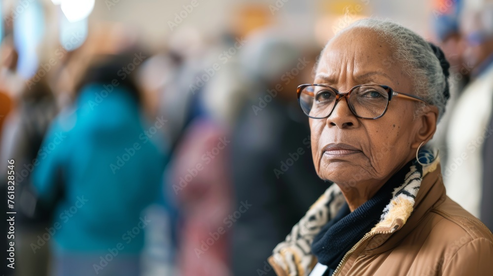 Serious African American elderly woman at polling place. Senior black female voter preparing to cast her vote. Concept of election, civic duty, democratic process, voting rights, diversity. Copy space Serious African American elderly woman at polling place. Senior black female voter preparing to cast her vote. Concept of election, civic duty, democratic process, voting rights, diversity. Copy space