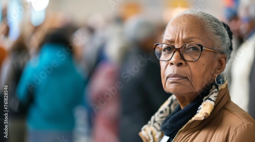 Serious African American elderly woman at polling place. Senior black female voter preparing to cast her vote. Concept of election, civic duty, democratic process, voting rights, diversity. Copy space
