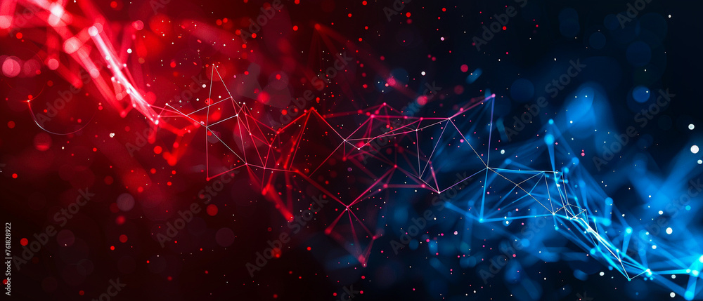 Elevate your designs with this mesmerizing abstract background, featuring glowing particles, dots, and lines in space. Ultra-wide blue, red, neon purple gradient. Perfect for various projects - obrazy, fototapety, plakaty 