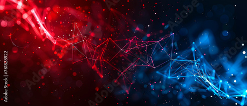 Elevate your designs with this mesmerizing abstract background, featuring glowing particles, dots, and lines in space. Ultra-wide blue, red, neon purple gradient. Perfect for various projects photo