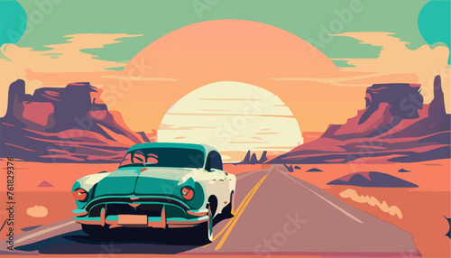 Vintage car on the road in a desert