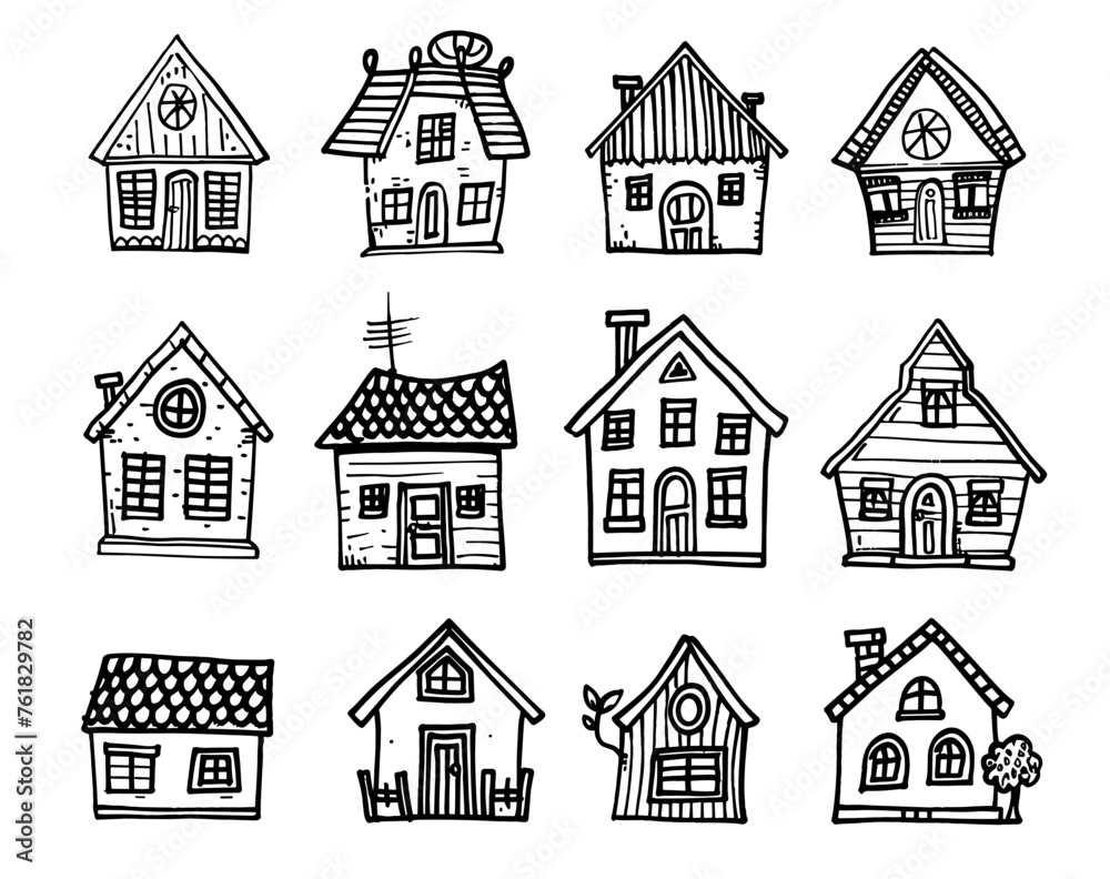 Rustic houses icons set, simple doodle vector illustrations, white background, black line drawings, hand drawn style, simple design