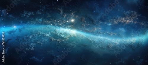 An electric blue galaxy with a plethora of stars, creating a stunning astronomical landscape in the sky. The geological phenomenon of this waterlike font is a mesmerizing sight on the horizon