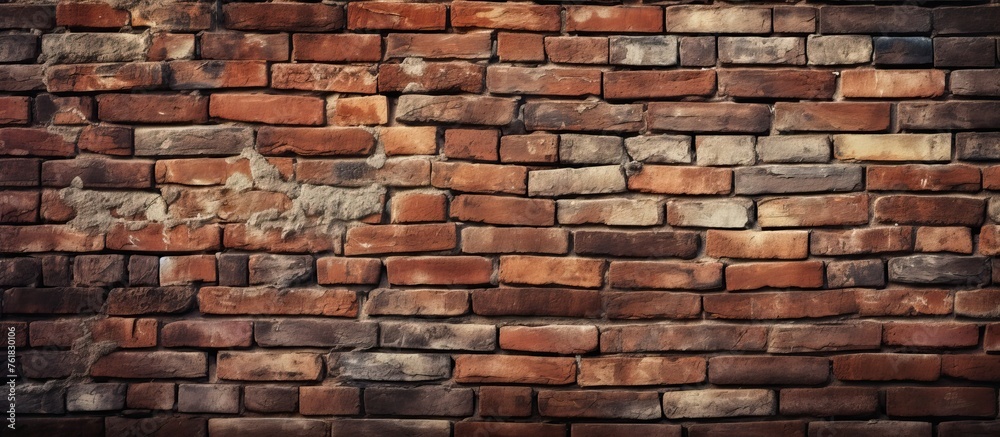 Fototapeta premium A detailed closeup of a brown brick wall showcasing the rectangular pattern created by a skilled bricklayer. The building material is a composite of brick and wood