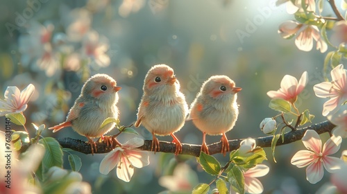 Cute Birds sitting on a branch of a blossoming tree in spring