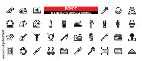 36 Egypt Line Icons Set Pack Editable Stroke Vector Illustration. photo