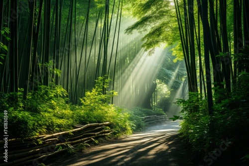 Green sunlight filtering through bamboo trees in a natural forest landscape photo